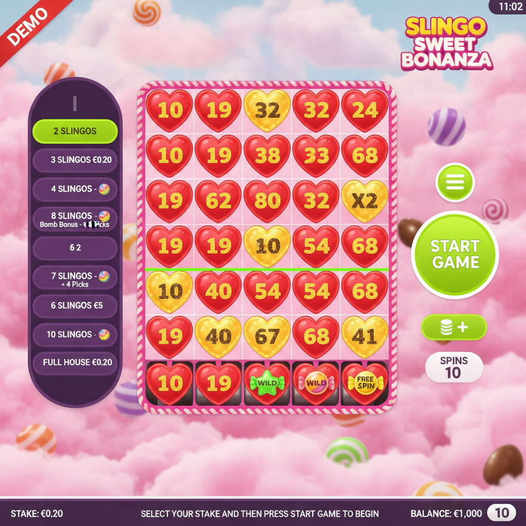 Slingo Sweet Bonanza juego híbrido con grilla 5x5 de caramelos en forma de corazón, símbolos de dulces coloridos y fondo de nubes rosas de algodón de azúcar