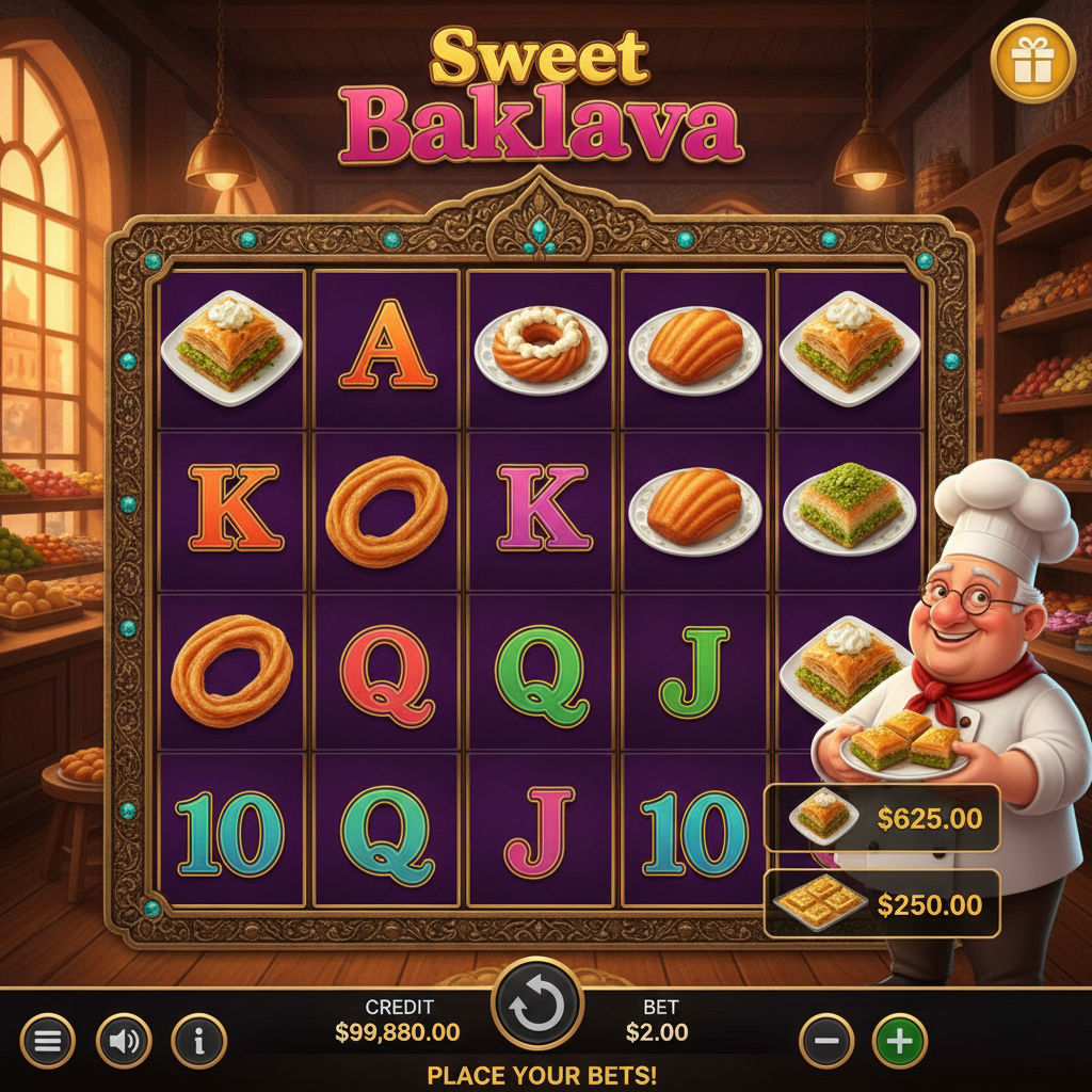 Sweet Baklava tragamonedas con rodillos 5x3, símbolos de baklava dorada, chef pastelero, marco dorado ornamental y fondo de panadería turca iluminada
