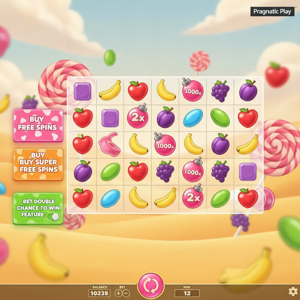 Sweet Bonanza 1000 slot con caramelos coloridos, lollipops espirales rosas y púrpuras, frutas y bombas multiplicadoras sobre fondo de desierto y cielo azul