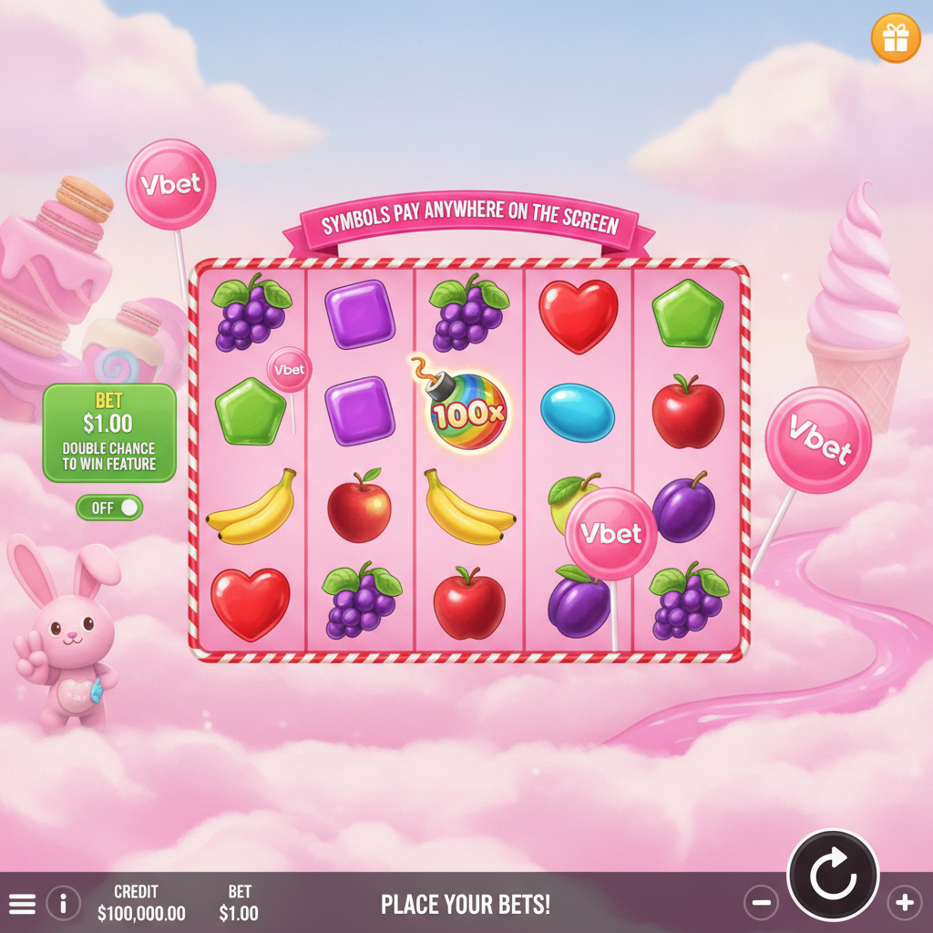 Sweet Bonanza slot con mundo de caramelos y frutas, cuadrícula 6x4, símbolos de corazones rojos, dulces morados, uvas y plátanos sobre fondo de nubes rosadas y celestes