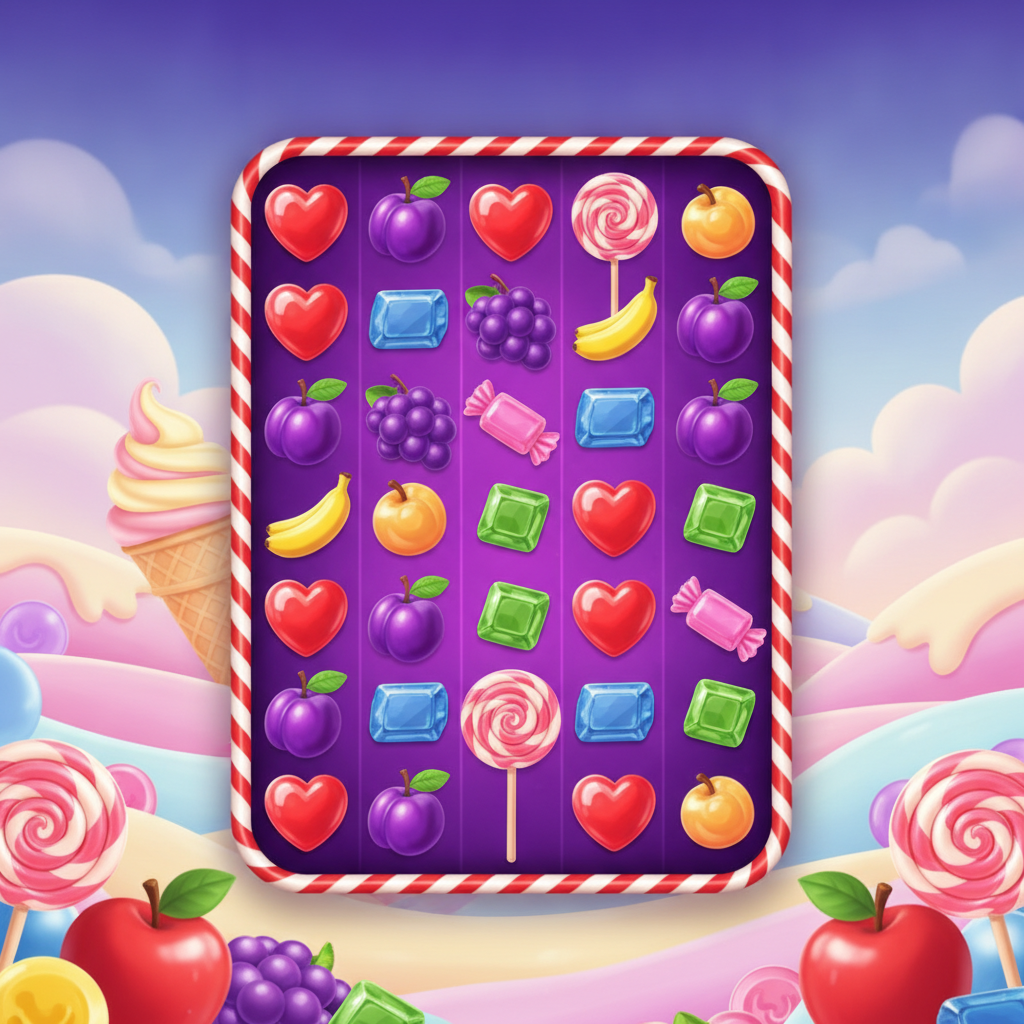 Sweet Bonanza slot con símbolos de caramelos espiral, frutas coloridas, corazones rojos y dulces sobre fondo de paisaje de fantasía con colinas de golosinas