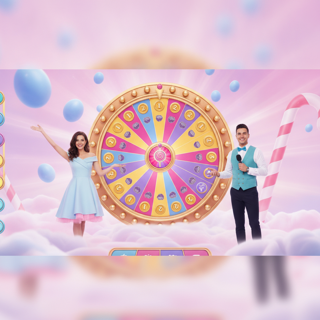 Sweet Bonanza CandyLand rueda de juego en vivo con presentadores en estudio de caramelos, segmentos numerados y bonus Sugar Bomb, Candy Drop, Sweet Spins