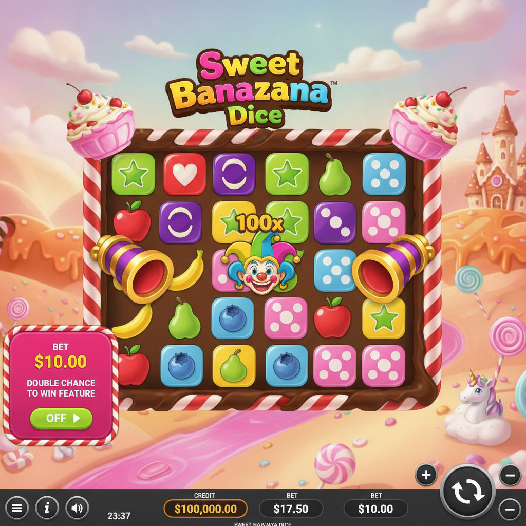 Sweet Bonanza Dice slot game con grilla 6x5, dados de caramelo de colores, símbolos de corazón rojo, luna púrpura, estrellas verdes, frutas y cañones scatter en un mundo de dulces pastel