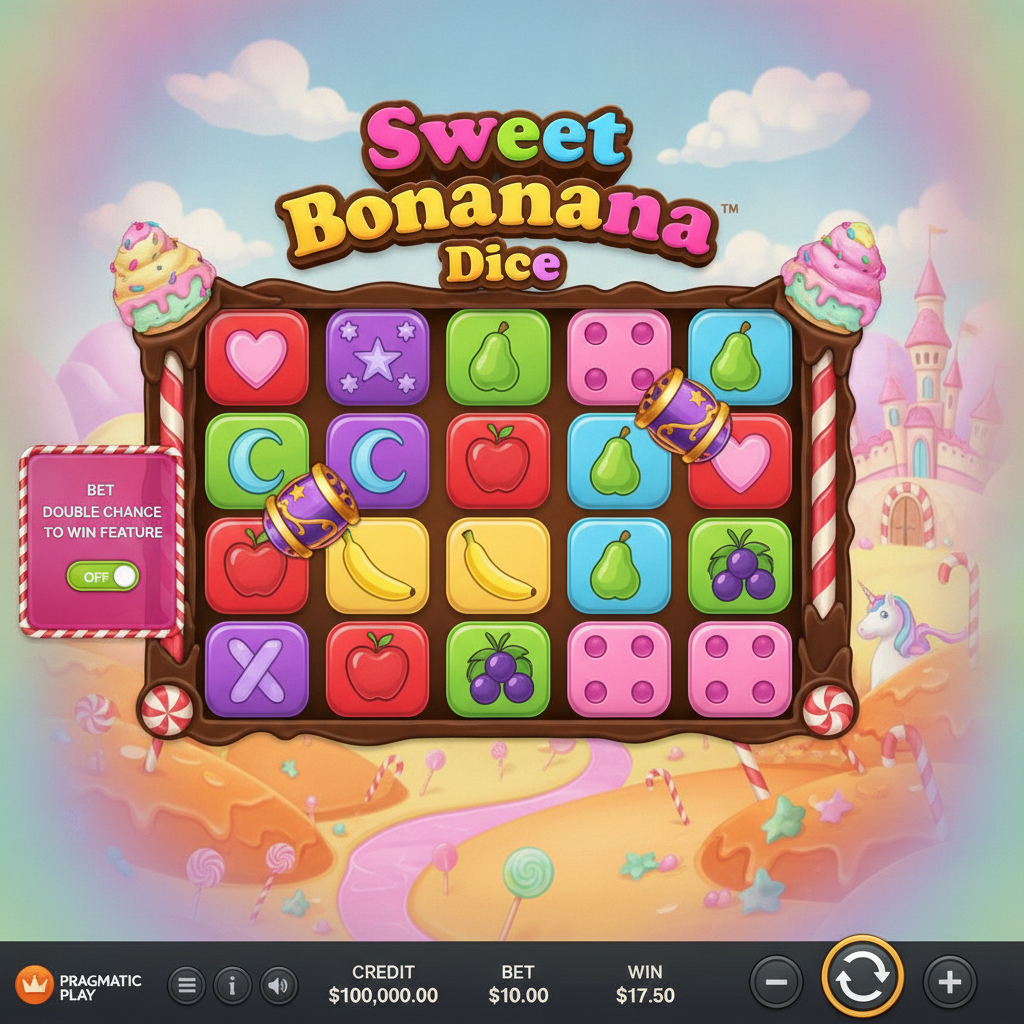 Sweet Bonanza Dice slot de Pragmatic Play con tema de dulces, tablero 6x5 con dados de colores mostrando símbolos de corazones, lunas, estrellas, frutas y cañones scatter sobre fondo de paisaje de caramelo con bastones de caramelo y castillo de jengibre