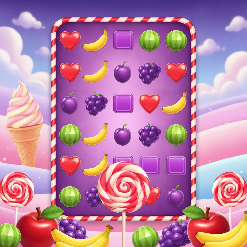 Sweet Bonanza slot con símbolos de caramelos, frutas, corazones rojos, uvas, bananas, sandía y lollipop scatter rosado girando en los rodillos con fondo de colinas de dulces