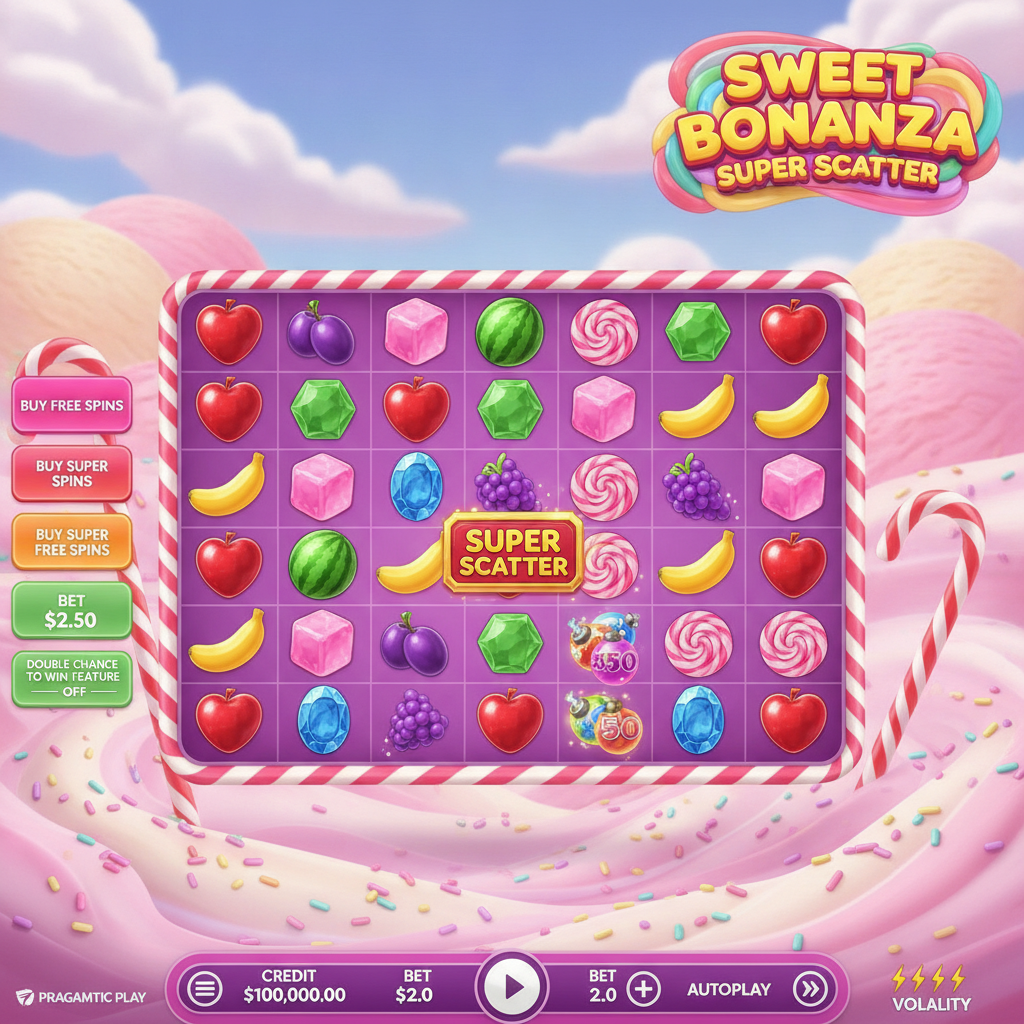 Sweet Bonanza Super Scatter slot 6x5 con dulces, frutas, corazones, lollipops y símbolos de caramelo en paisaje rosa y celeste