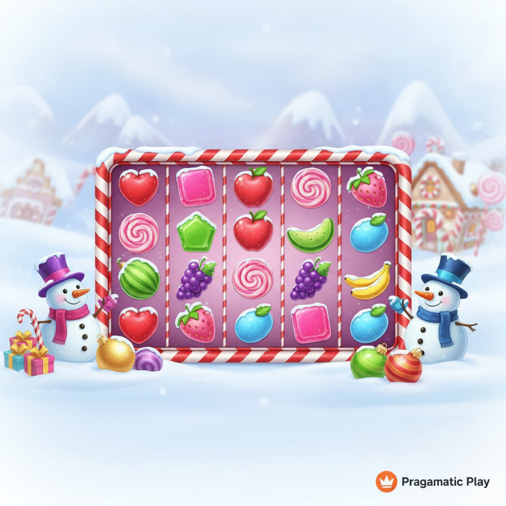 Sweet Bonanza Xmas slot de Pragmatic Play con temática navideña, dulces nevados, bastones de caramelo, muñecos de nieve y símbolos de corazón rojo, frutilla rosa, uva morada y paleta scatter