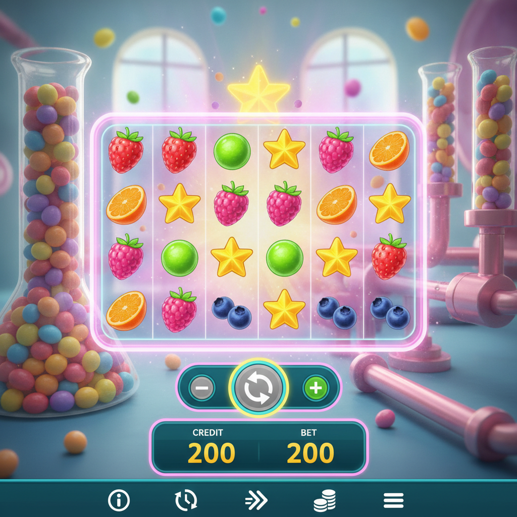 Sweet Burst slot de Pragmatic Play con símbolos de frutas dulces, estrellas doradas, fresas y caramelos en laboratorio de dulces con tubos rosas