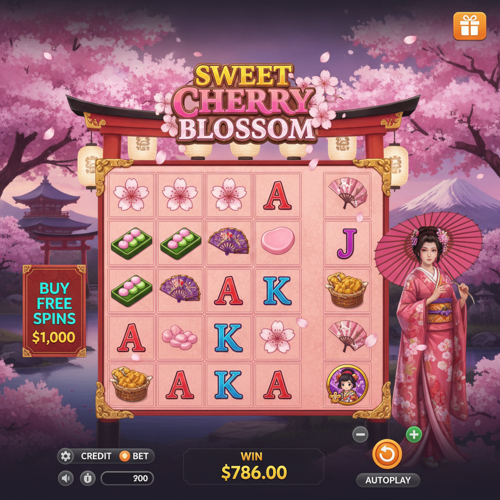 Sweet Cherry Blossom slot con jardín japonés al anochecer, torii rojo, cerezos en flor rosados, geisha con kimono y parasol, grilla 7x7 con símbolos de sakura, mochi, abanico y sombrilla