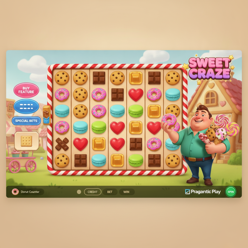 Sweet Craze slot de Pragmatic Play con grilla 7x7 de caramelos, dulces y personaje mascota sosteniendo dona rosa y helado en mundo de fantasía dulce
