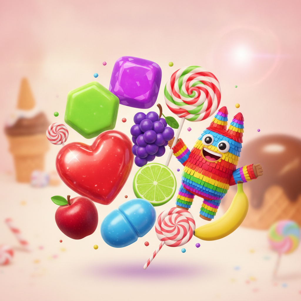 Sweet Fiesta slot de Pragmatic Play con caramelos en forma de corazón, pentágono verde, cuadrado violeta, frutas y piruleta scatter sobre fondo de dulces coloridos