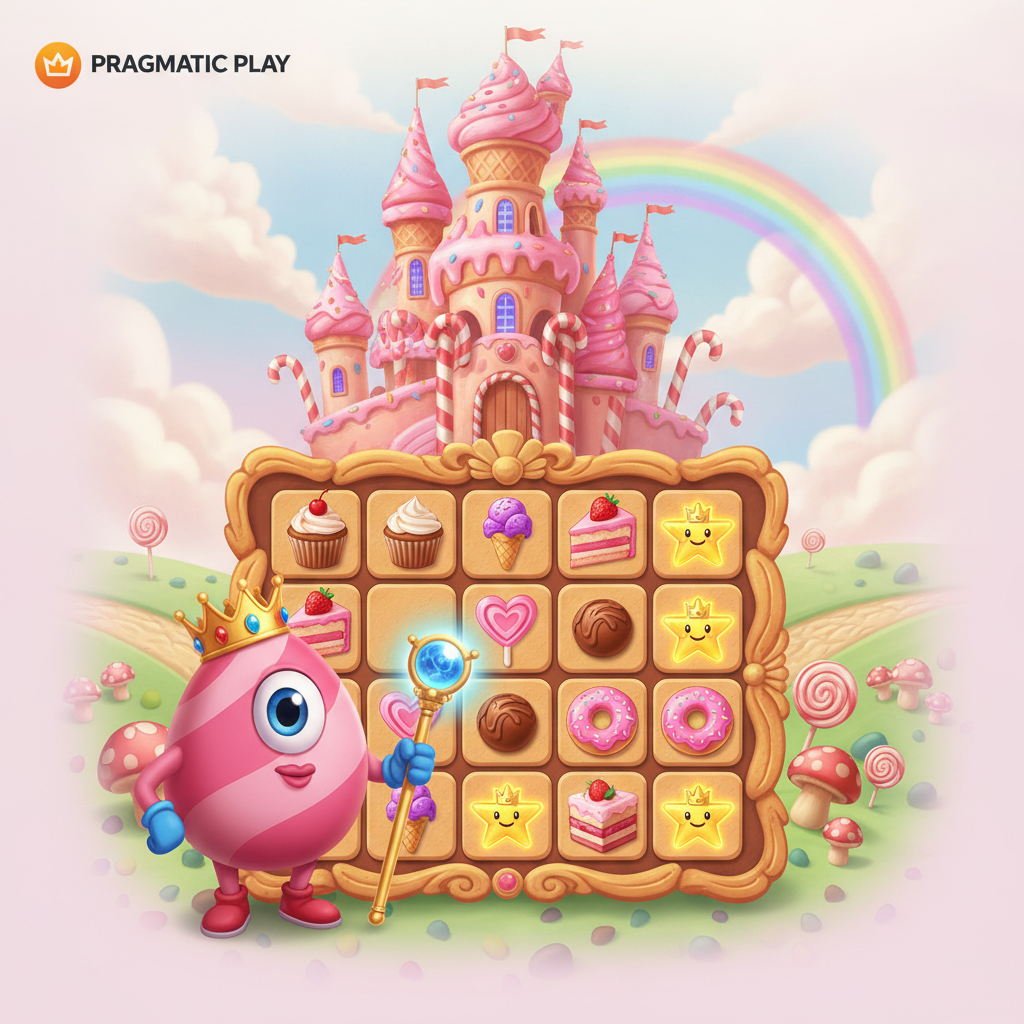 Sweet Kingdom tragamonedas 7x7 con reino de dulces, castillo de caramelo, símbolos de cupcakes y golosinas de Pragmatic Play