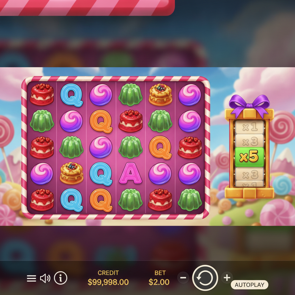 Sweet PowerNudge tragamonedas de Pragmatic Play con temática de dulces, símbolos de tortas y gelatinas de colores, carrete multiplicador dorado y mecánica cluster pays 6x5